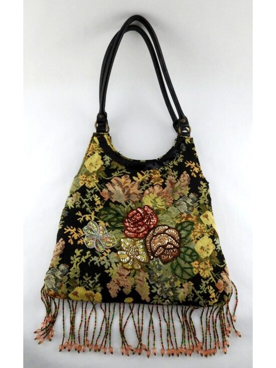 Vintage Prezzo Floral Tapestry Sequin Emplished Fringe Beaded Festival Bag - Picture 1 of 10